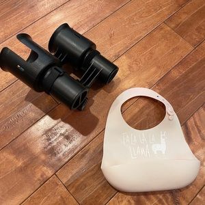 Robocup cup holders for stroller.  Baby bib, silicone, with holiday theme.